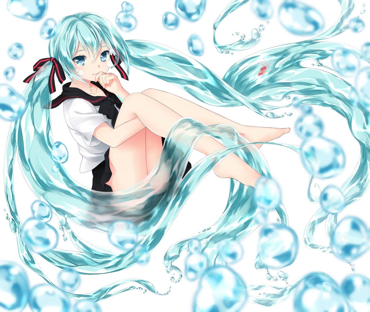 animal, aqua_hair, barefoot, bottle_miku, bubbles, etou_(cherry7), fish, hatsune_miku