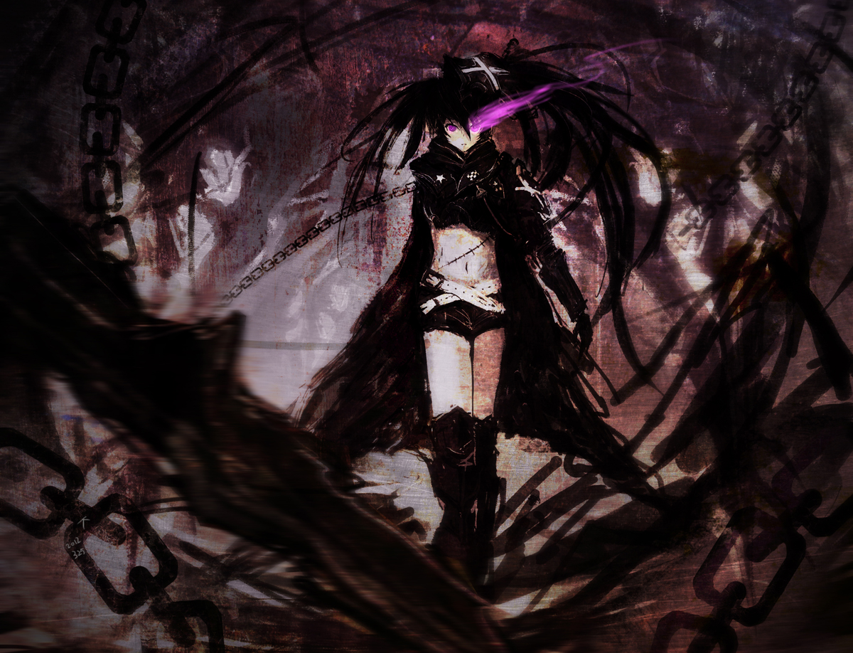 armor, black_hair, black_rock_shooter, boots, chain, insane_black_rock_shooter, kuroi_mato, kxxxxxxxxxxx