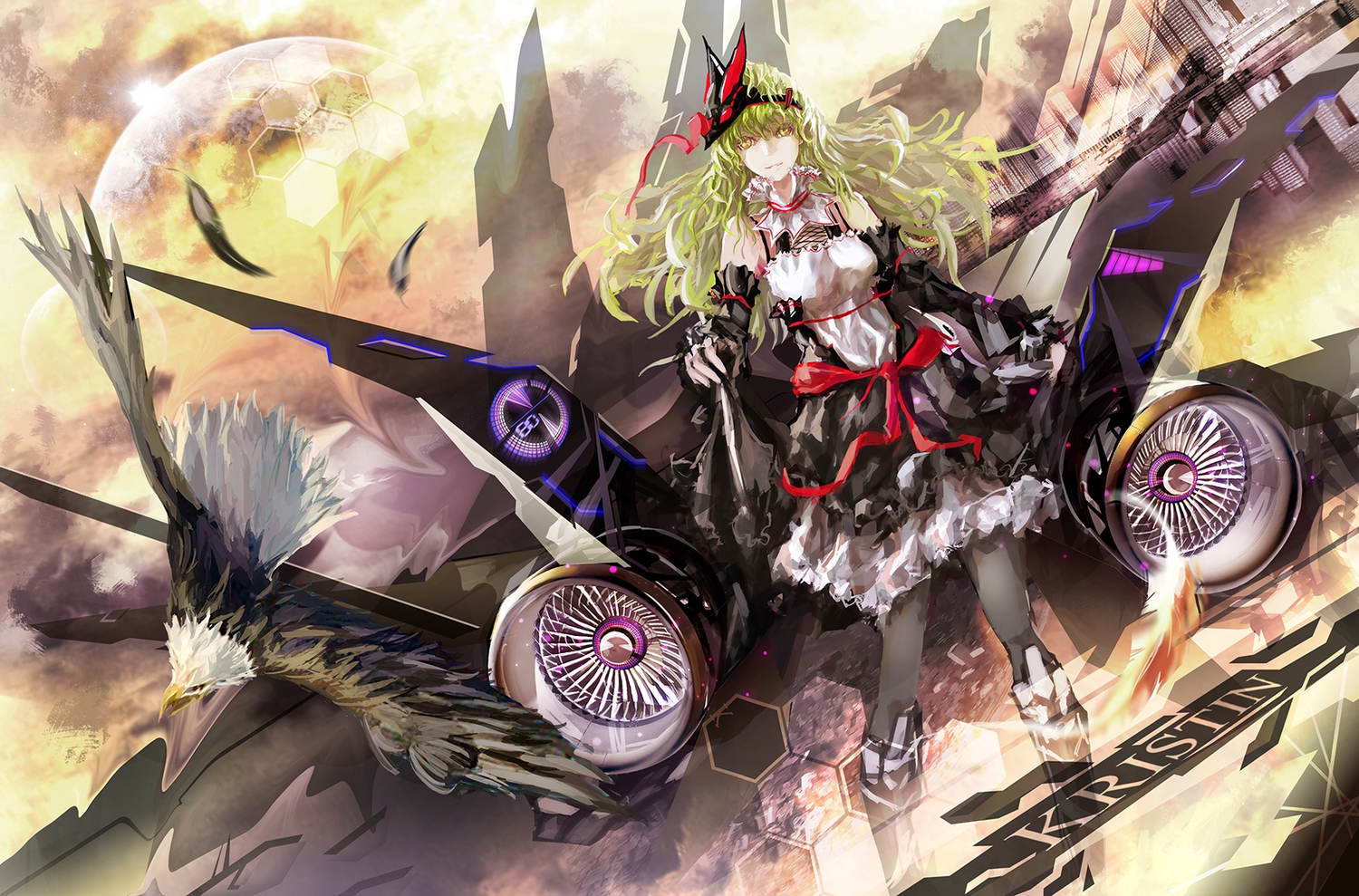 animal, bird, dress, feathers, green_hair, kxxxxxxxxxxx, original, wings