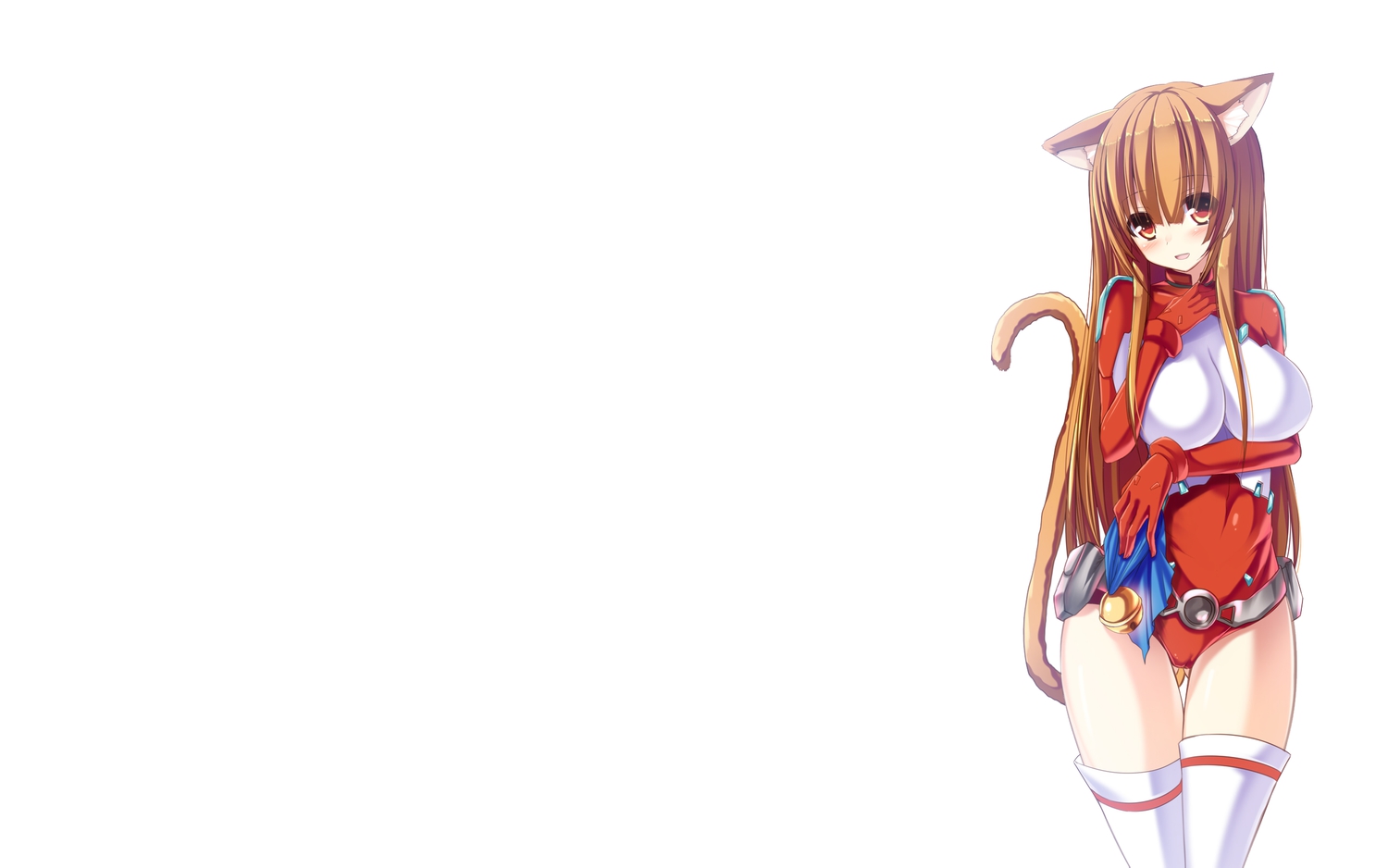 animal_ears, asobi_ni_iku_yo!, bell, blush, bodysuit, breast_hold, brown_hair, cameltoe, catgirl, eris_(asobi_ni_iku_yo!), long_hair, red_eyes, ribbons, skintight, syroh, tail, thighhighs, white