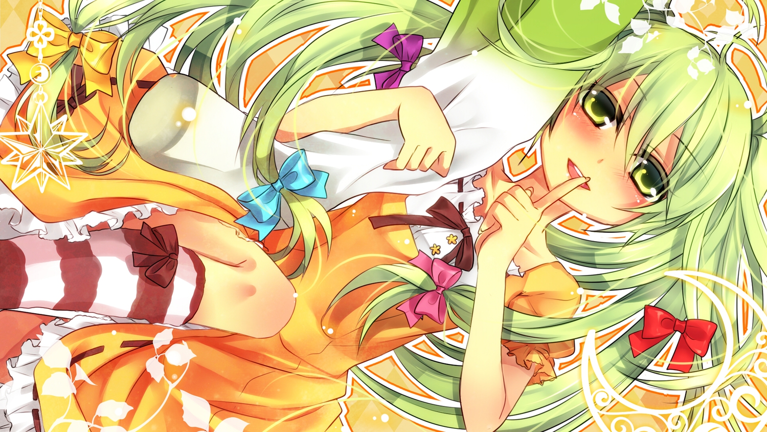 blush, bow, green_eyes, green_hair, hatsune_miku, kneehighs, kokuchuutei, vocaloid