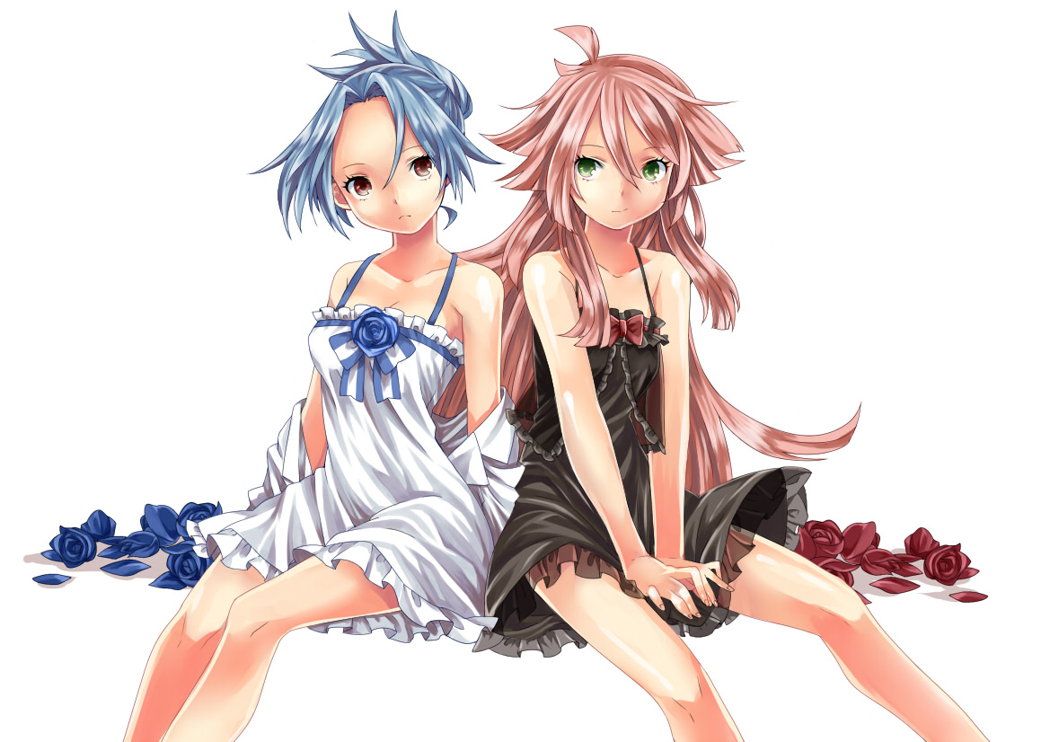 2girls, blue_hair, dress, flowers, green_eyes, hinata_(pokemon), mirai_(pokemon), pink_hair