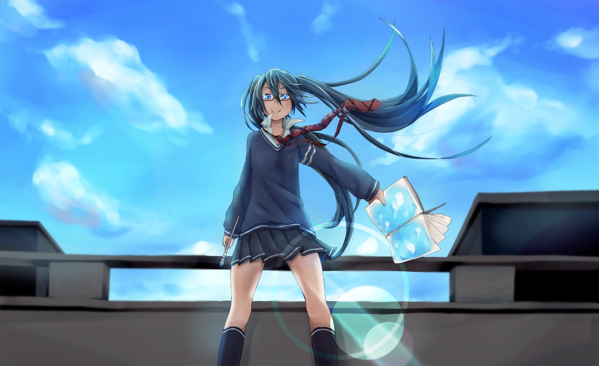 book, clouds, fu-ta, glasses, hatsune_miku, monochro_blue_sky_(vocaloid), school_uniform, sky