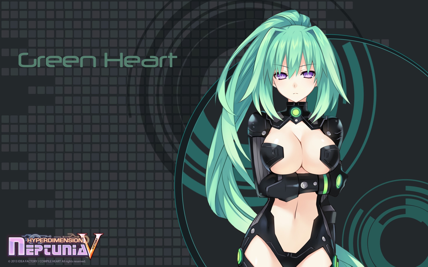 breasts, green_hair, green_heart, hyperdimension_neptunia, long_hair, purple_eyes, tsunako, vert