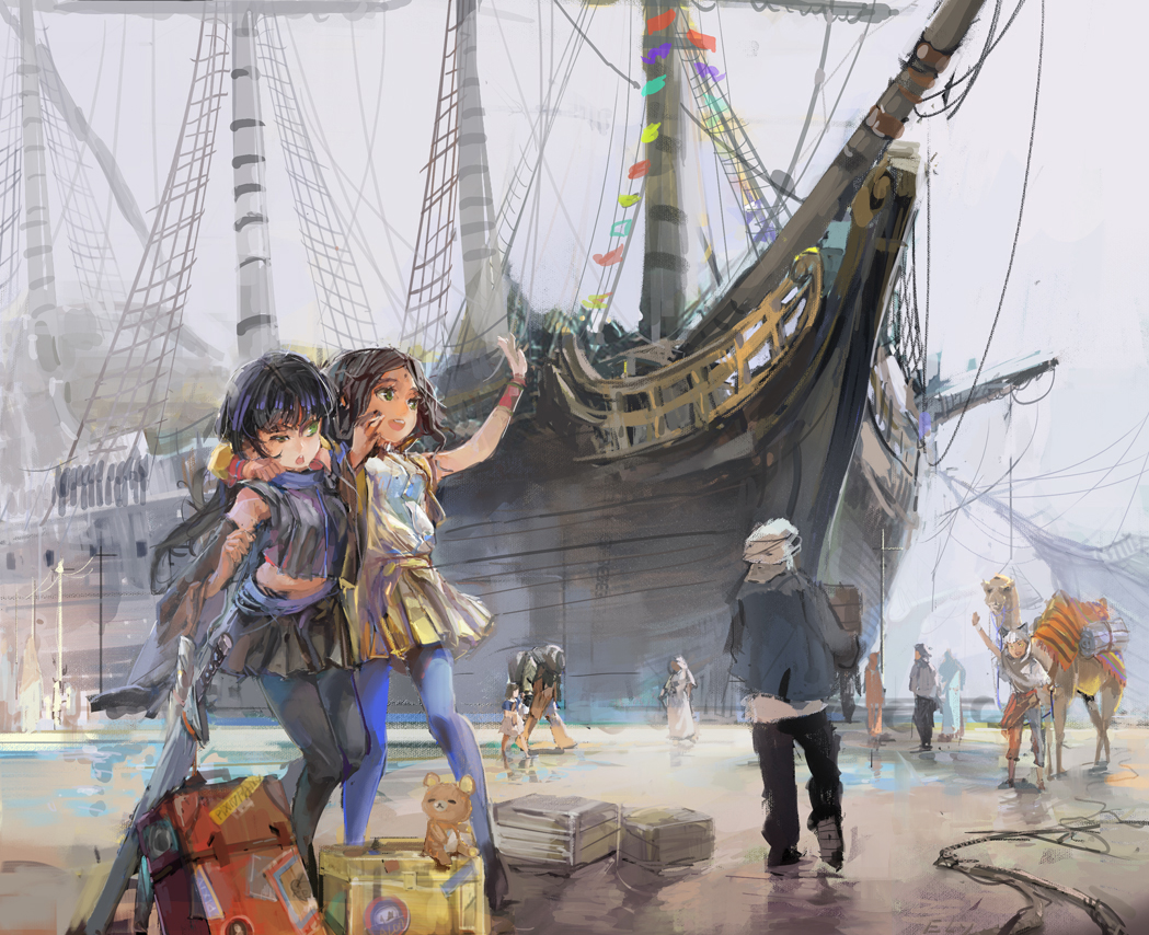 animal, boat, green_eyes, hat, long_hair, original, pixiv_fantasia, relax, scarf, short_hair, skirt, sword, teddy_bear, weapon