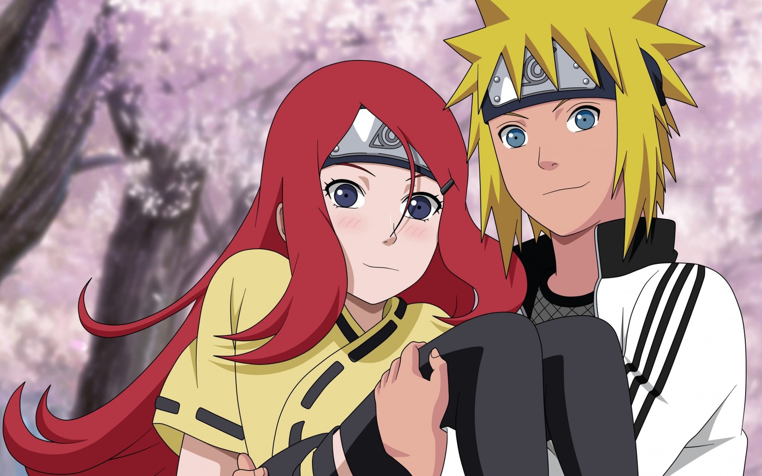 blonde_hair, blue_eyes, blush, headband, long_hair, male, namikaze_minato, naruto, red_hair, short_hair, tree, uzumaki_kushina