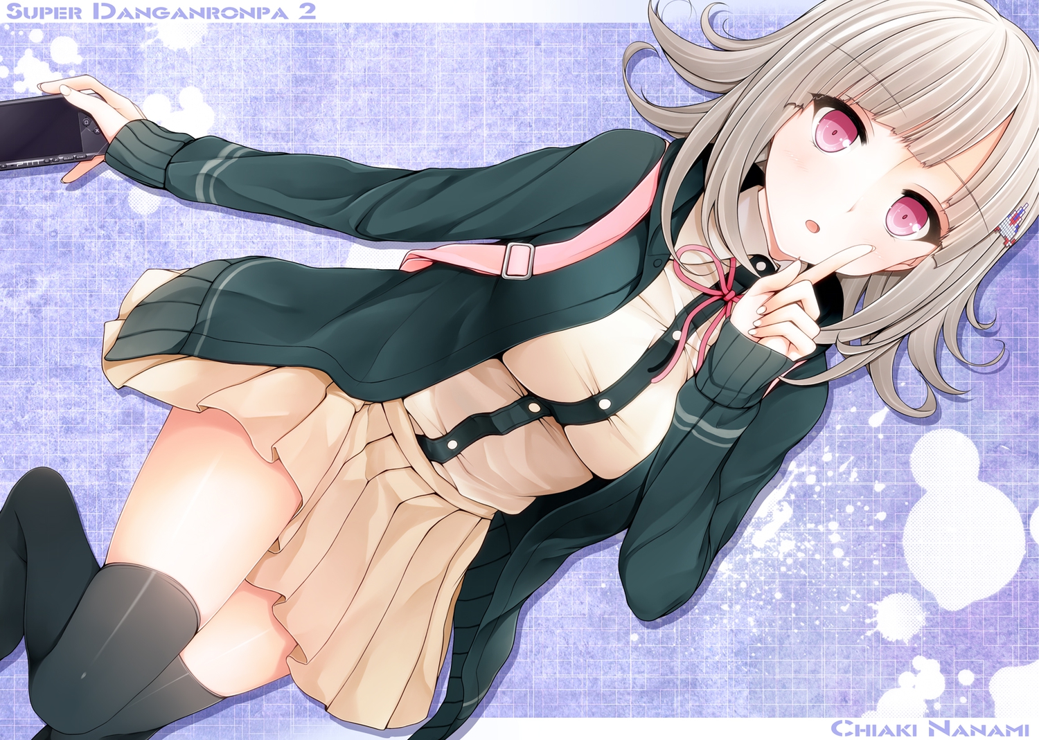 brown_hair, dangan-ronpa_2, game_console, nanami_chiaki, pink_eyes, skirt, suzume_miku, thighhighs