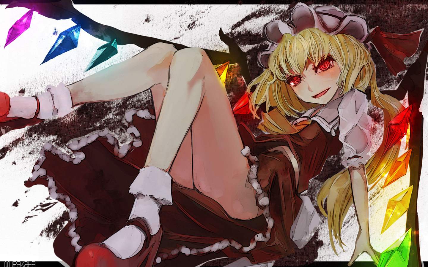 blonde_hair, bow, fang, flandre_scarlet, hat, murakata, red_eyes, skirt, touhou, vampire, wings