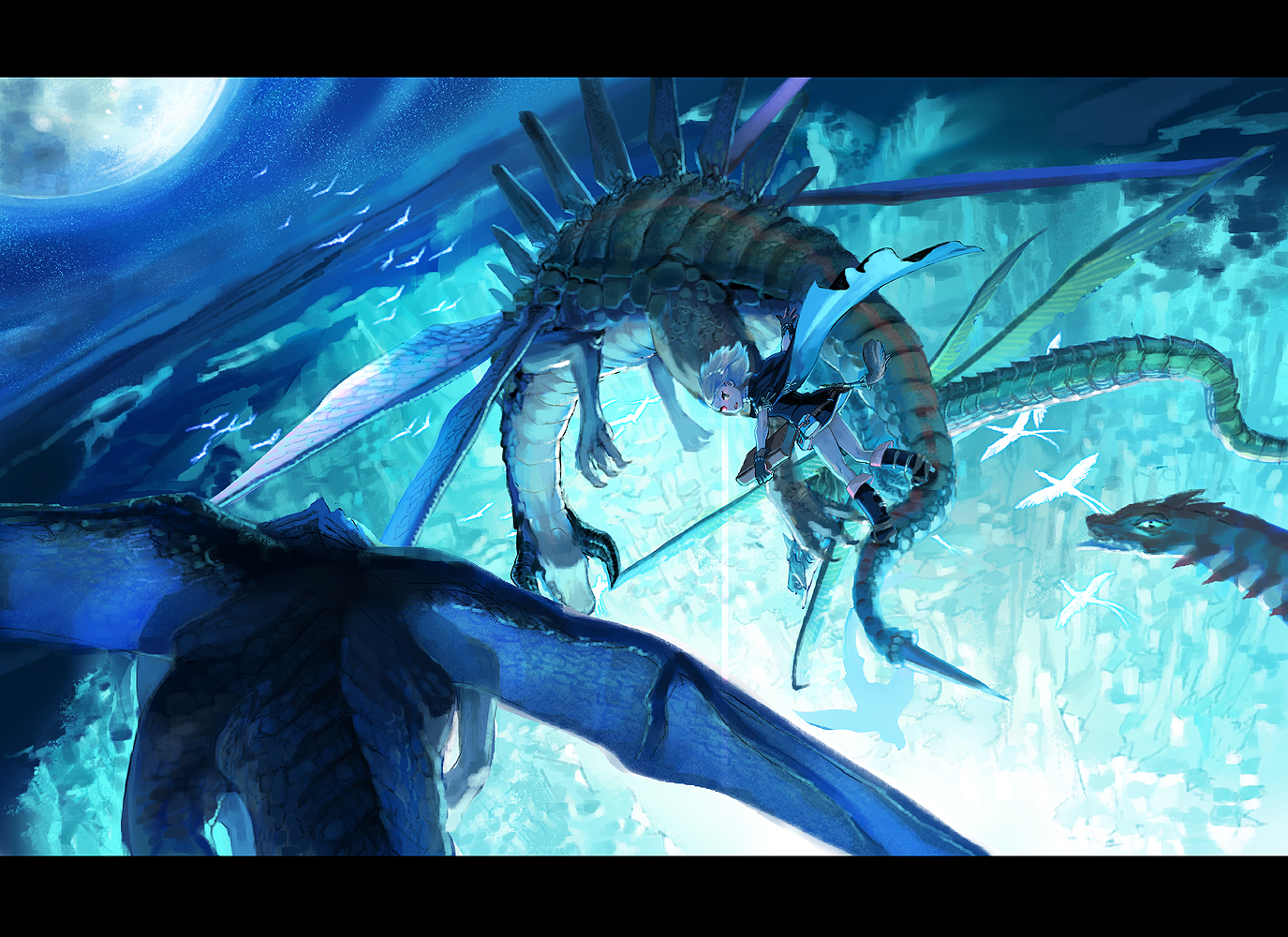 animal, bicolored_eyes, bird, blue, book, boots, cape, dragon, gloves, moon, original, pixiv_fantasia, shimabara, short_hair, stars