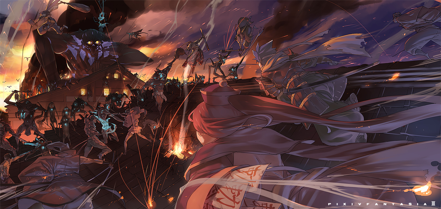 animal, brown_hair, hat, headband, katana, long_hair, ofuda, original, pixiv_fantasia, ponytail, purple_hair, red_hair, ryota-h, scarf, short_hair, spear, staff, sword, weapon