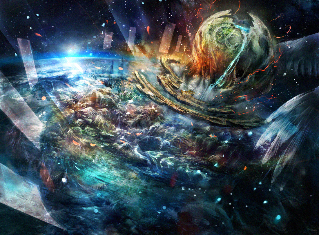 miyina, original, pixiv_fantasia, planet, scenic, space, water, waterfall