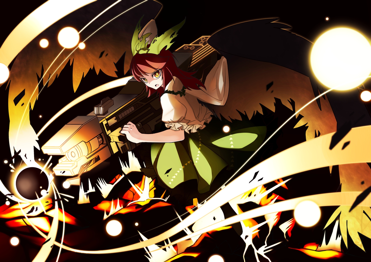 bow, brown_hair, dress, gun, reiuji_utsuho, total9, touhou, weapon, wings, yellow_eyes