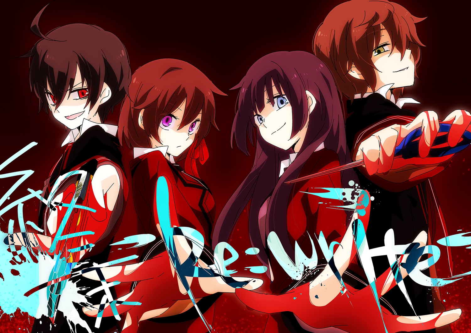 a-ya, b-ko, black_hair, blood, blue_eyes, brown_hair, c-ta, d-ne, green_eyes, purple_eyes, red_eyes, school_uniform, shuuen_no_shiori_project, uniform, wannyanpu, weapon
