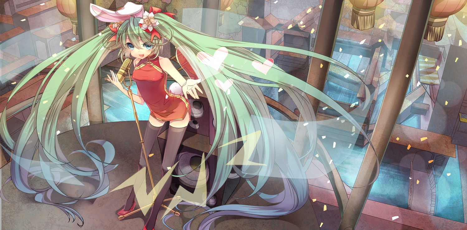 animal_ears, blue_eyes, bunny_ears, bunnygirl, chinese_clothes, chinese_dress, dress, green_hair, hatsune_miku, long_hair, microphone, nicohi, thighhighs, twintails, vocaloid