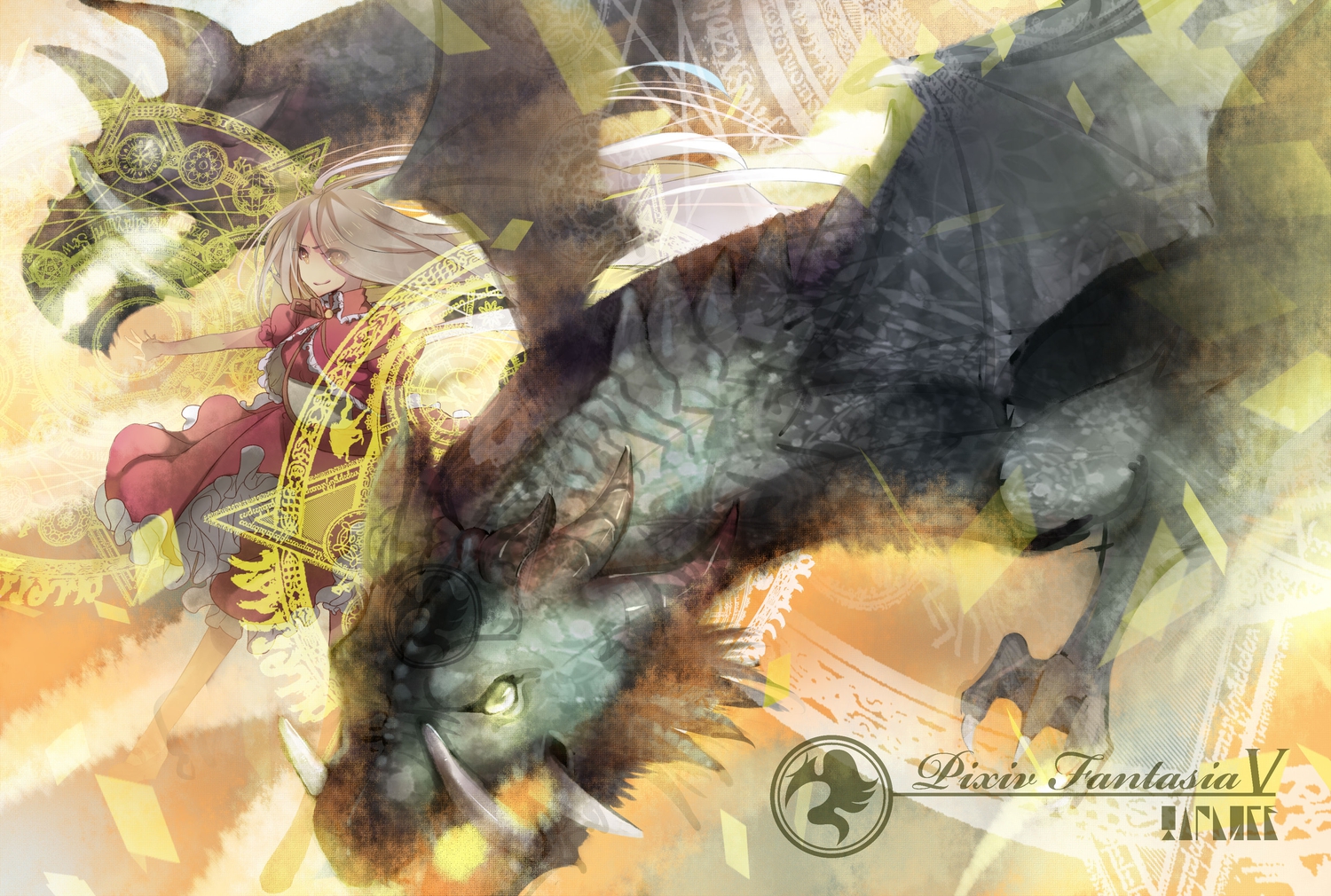 brown_eyes, brown_hair, dragon, dress, long_hair, magic, nicohi, original