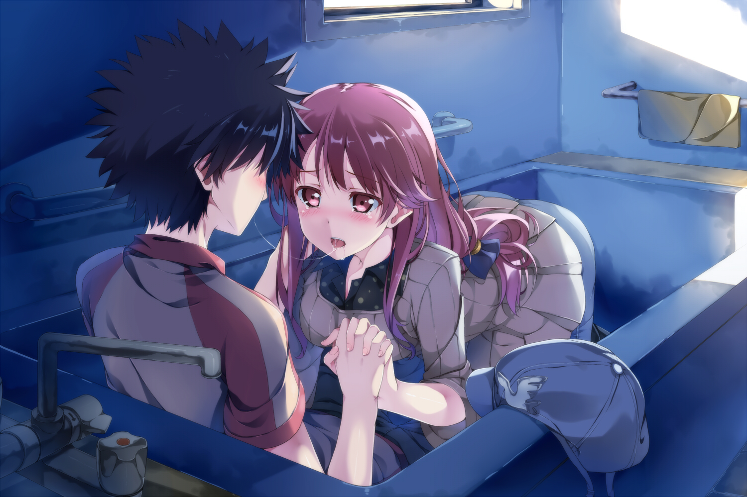 bath, bathtub, black_hair, blush, brown_hair, hat, kamijou_touma, long_hair, meigo_arisa, pink_eyes, school_uniform, short_hair, to_aru_majutsu_no_index, towel, yuuri_nayuta