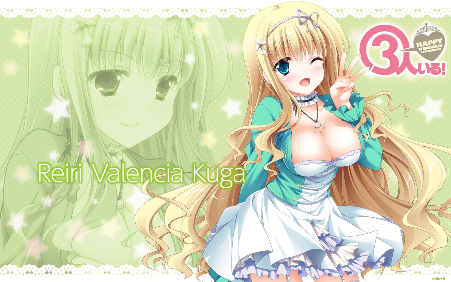 3-nin_iru!, blonde_hair, blue_eyes, breasts, cleavage, dress, kuga_valencia_reiri, long_hair