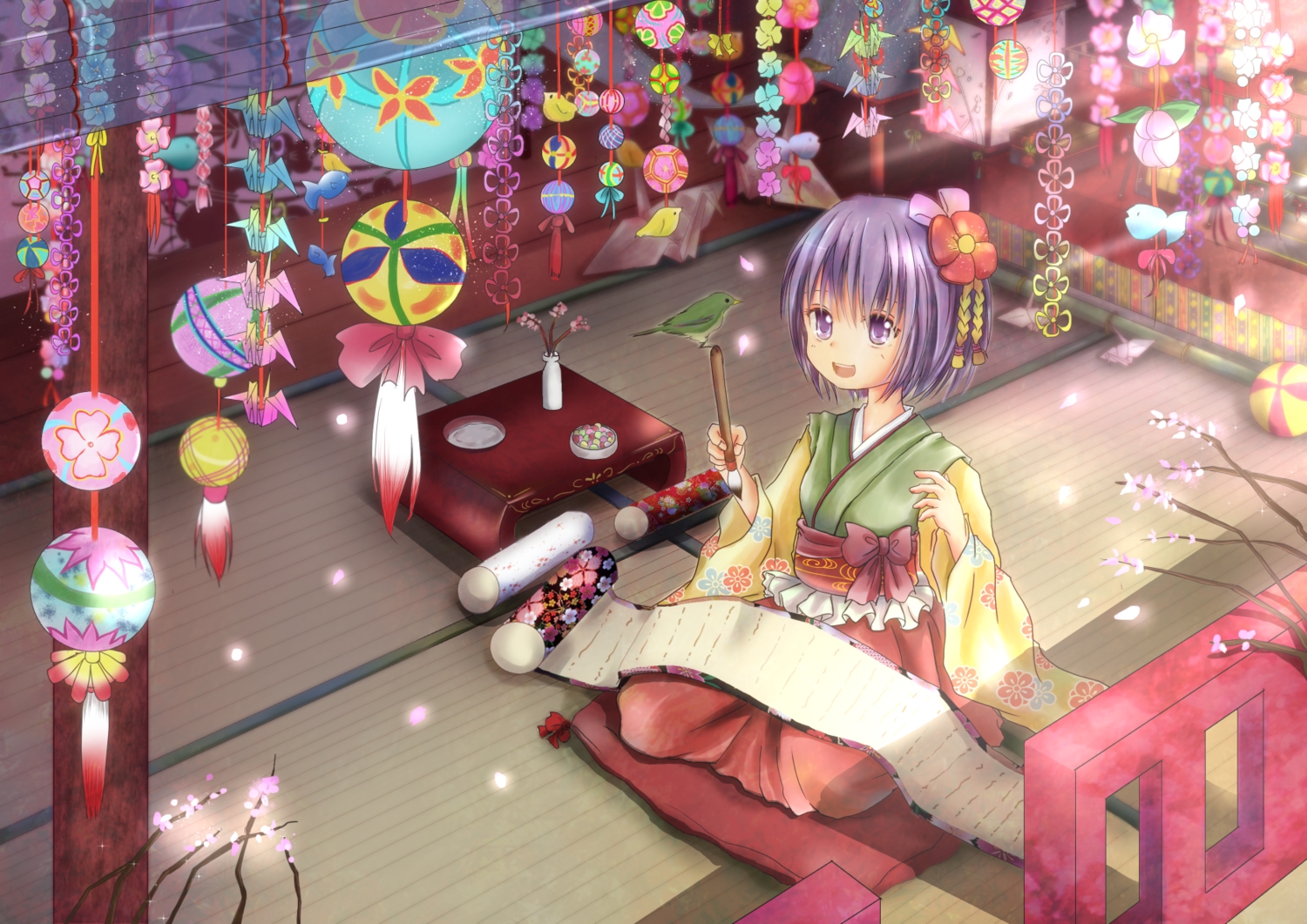 animal, bird, hieda_no_akyuu, japanese_clothes, rikkunia, short_hair, touhou