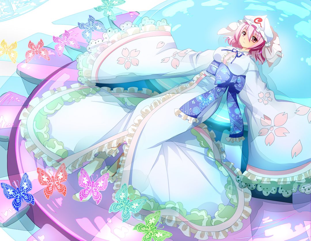 butterfly, dress, nagare, pink_eyes, pink_hair, saigyouji_yuyuko, short_hair, touhou