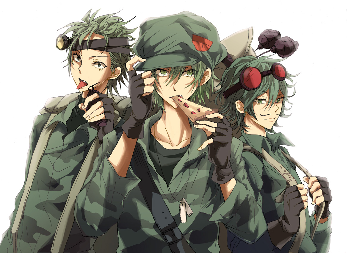 anthropomorphism, food, goggles, green_eyes, green_hair, happy_tree_friends, hat, jpeg_artifacts