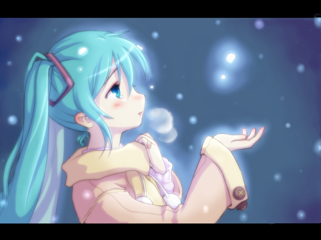 aqua_eyes, aqua_hair, blush, hatsune_miku, komori_fuuka, long_hair, scarf, snow, twintails, vocaloid