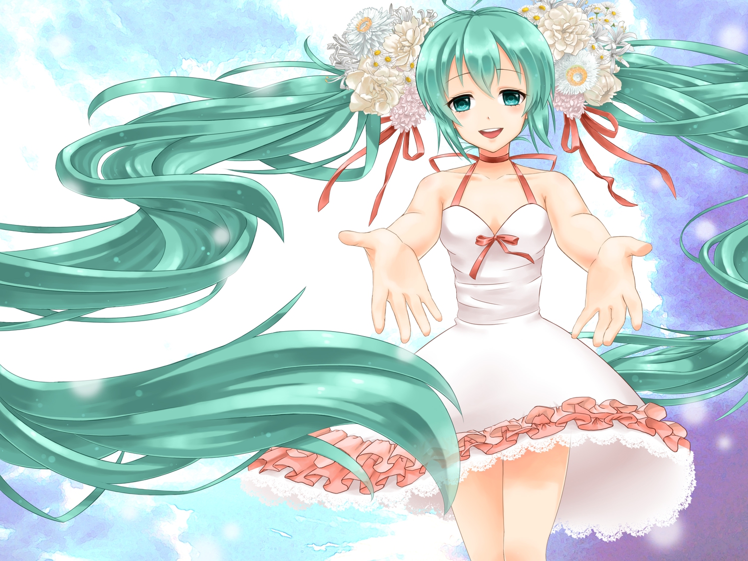 dress, flowers, hatsune_miku, long_hair, nonaka_hako, twintails, vocaloid