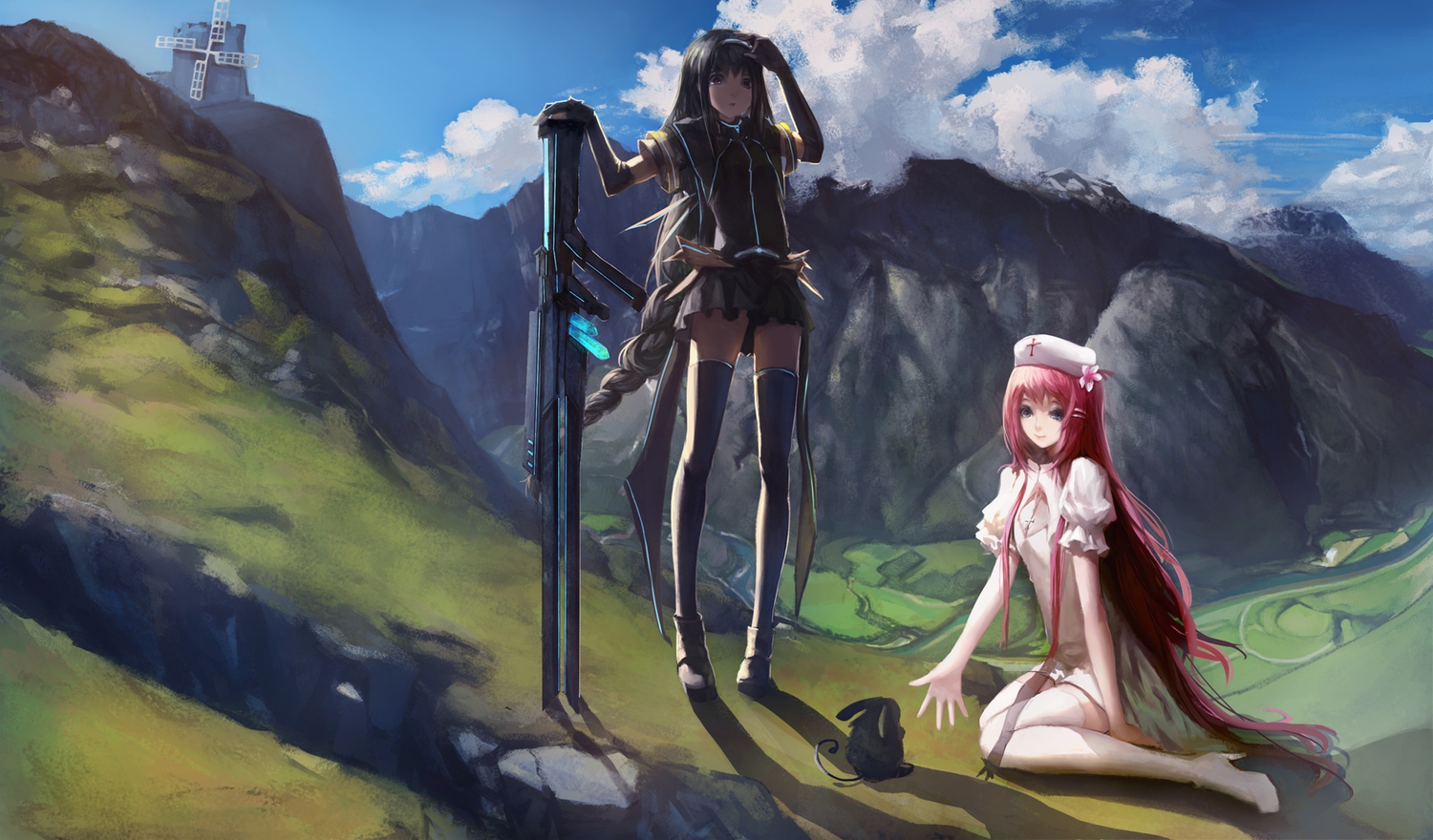 2girls, animal, black_hair, blackrabbitsoul, braids, clouds, gun, hat, landscape, long_hair, nurse, original, pixiv_fantasia, rabbit, red_eyes, red_hair, scenic, thighhighs, weapon, windmill
