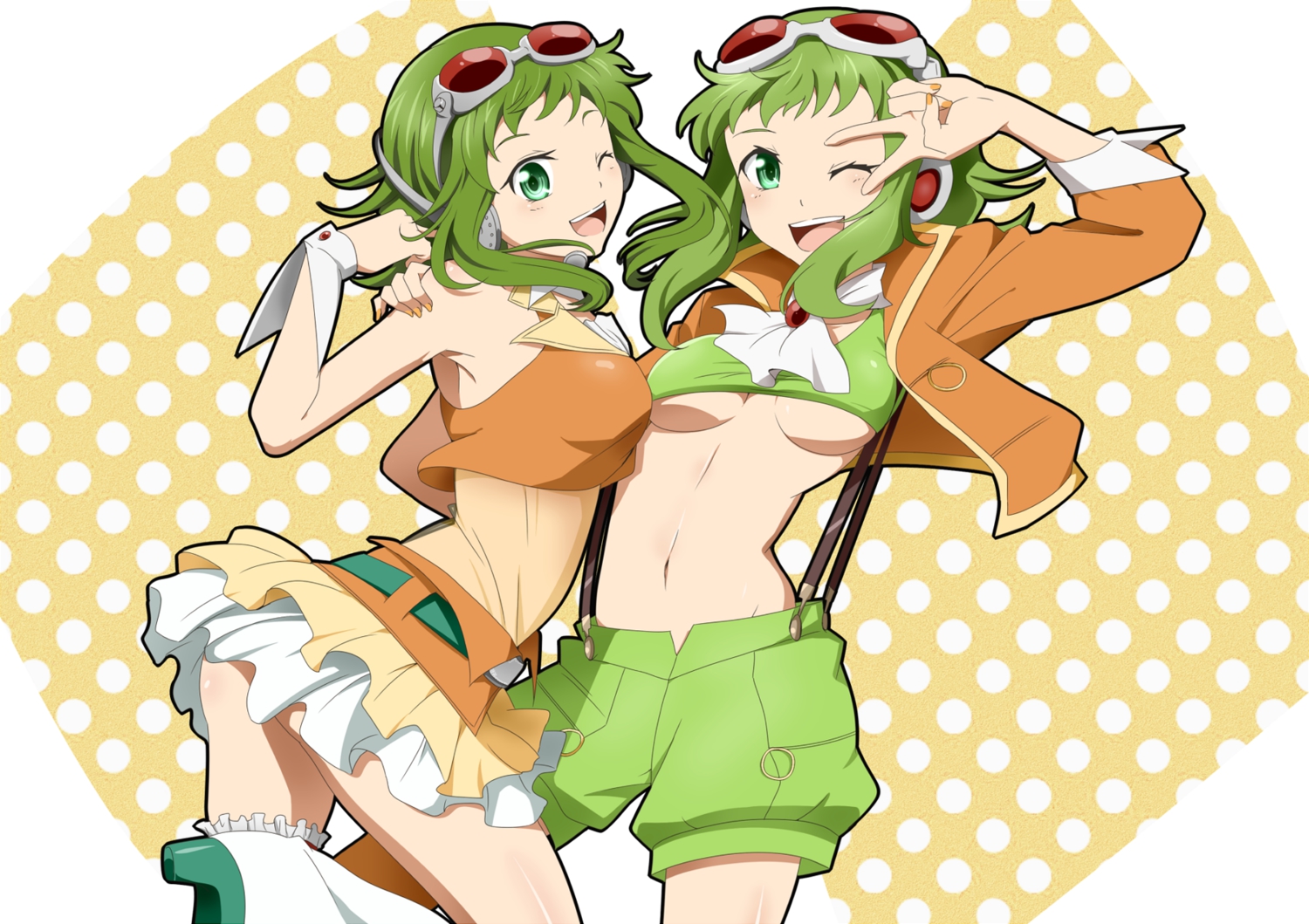 breasts, cleavage, green_eyes, gumi, navel, rumia_(compacthuman), shorts, underboob, vocaloid, wink
