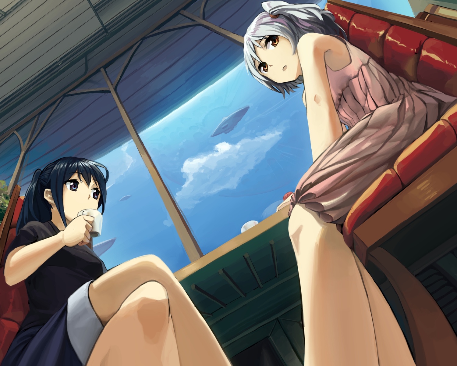 2girls, aircraft, cake, food, moon, original, ponytail, rai32019