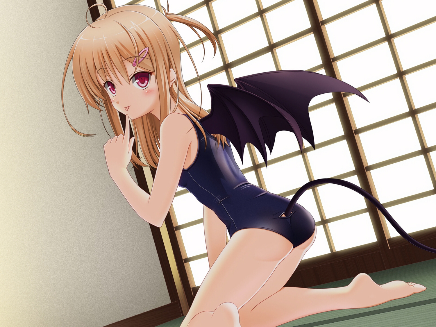 blonde_hair, long_hair, moeki_yuuta, original, red_eyes, swimsuit, tail, wings