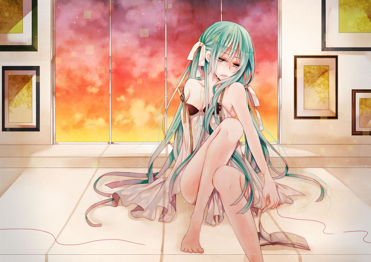 aqua_hair, barefoot, dress, hatsune_miku, long_hair, mizuyu, vocaloid