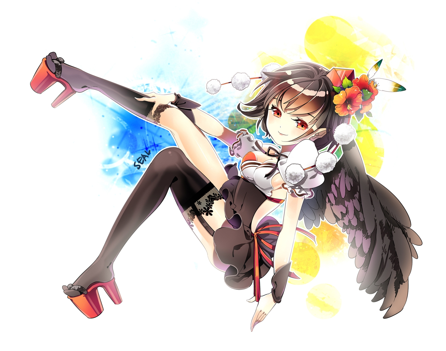 black_hair, garter_belt, pointed_ears, red_eyes, seal_(pukozin), shameimaru_aya, short_hair, stockings
