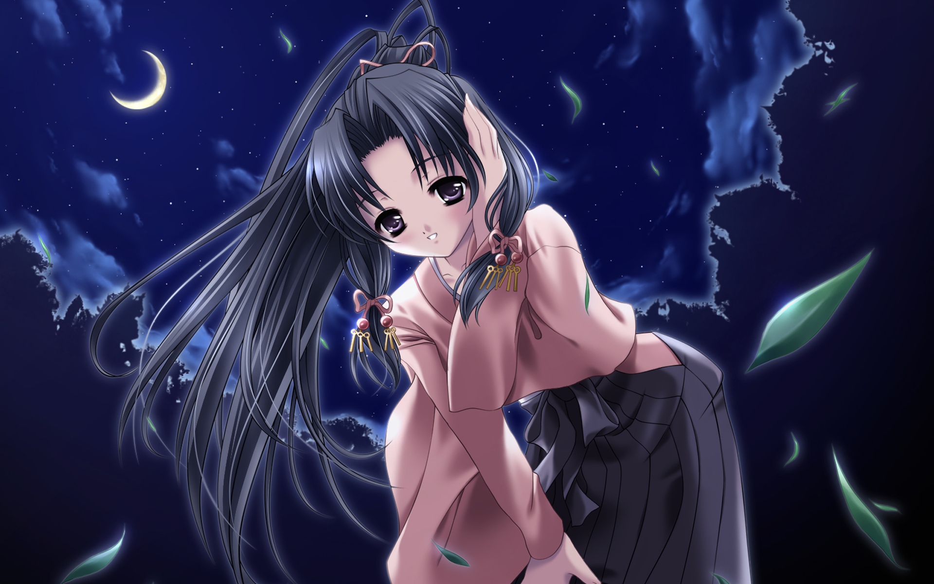 black_hair, blush, japanese_clothes, long_hair, minakami_haruka, moon, night, sister_princess