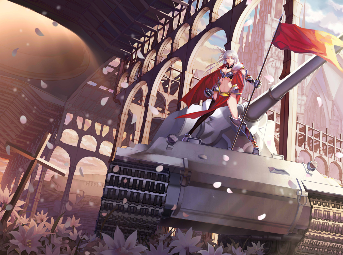 armor, breasts, cleavage, flowers, original, paku, petals