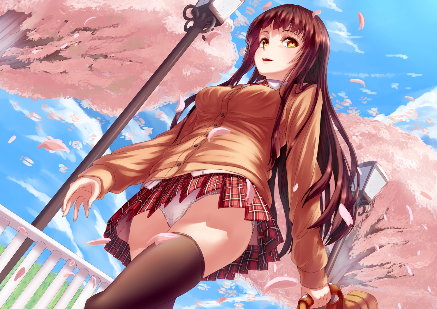 brown_hair, cherry_blossoms, flowers, long_hair, original, panties, petals, skirt, thighhighs, touboku, underwear, upskirt, yellow_eyes