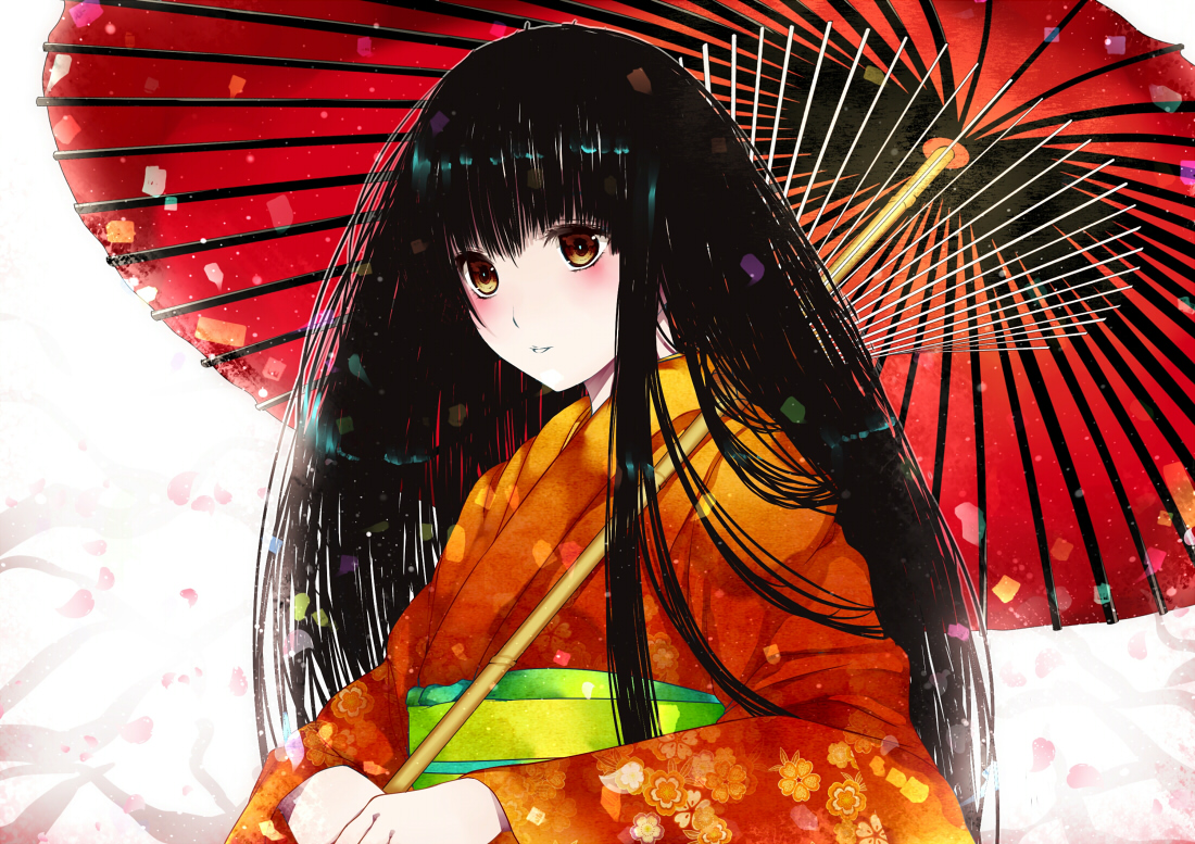 black_hair, japanese_clothes, long_hair, modern_afro, original, umbrella