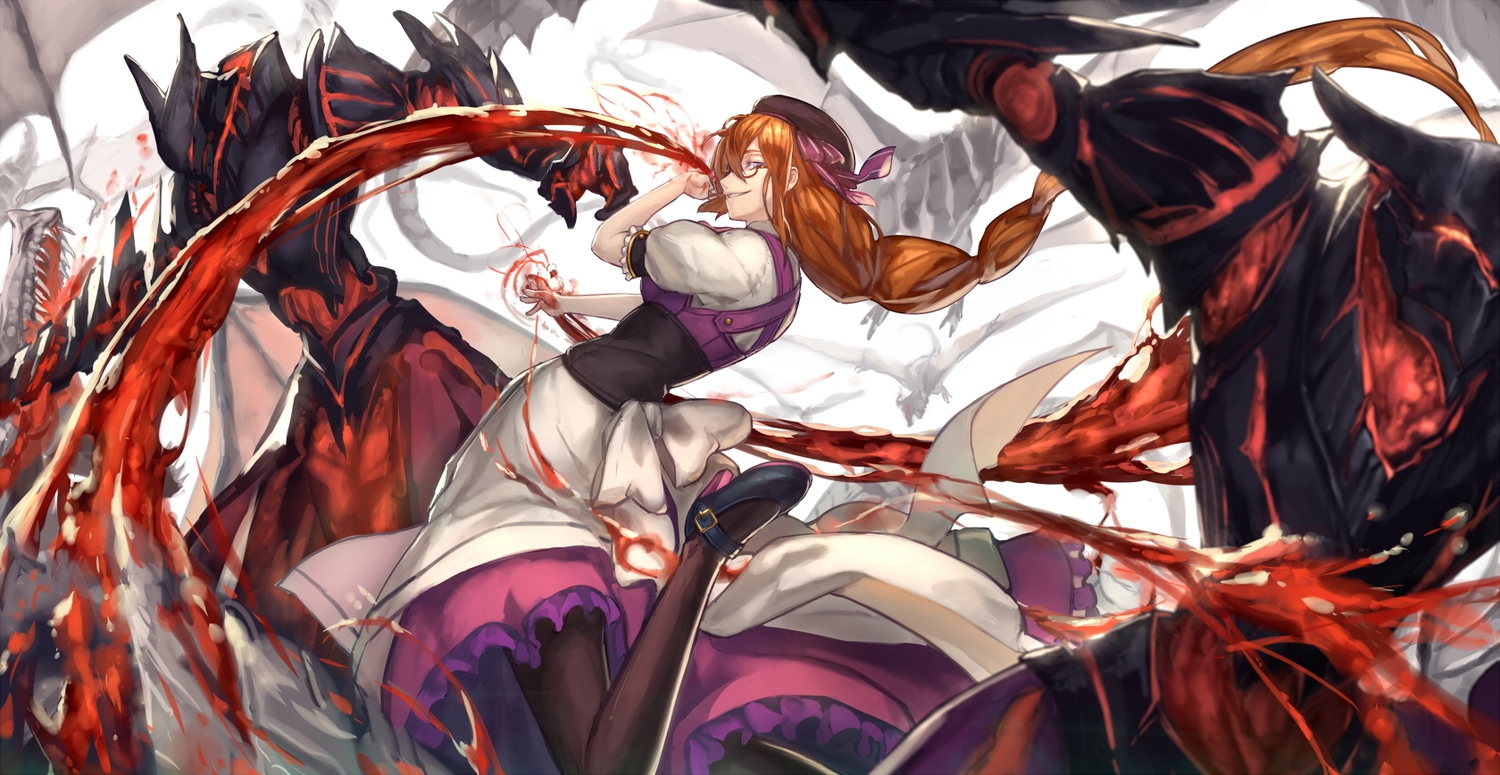 blood, bow, brown_hair, dragon, dress, glasses, hat, long_hair