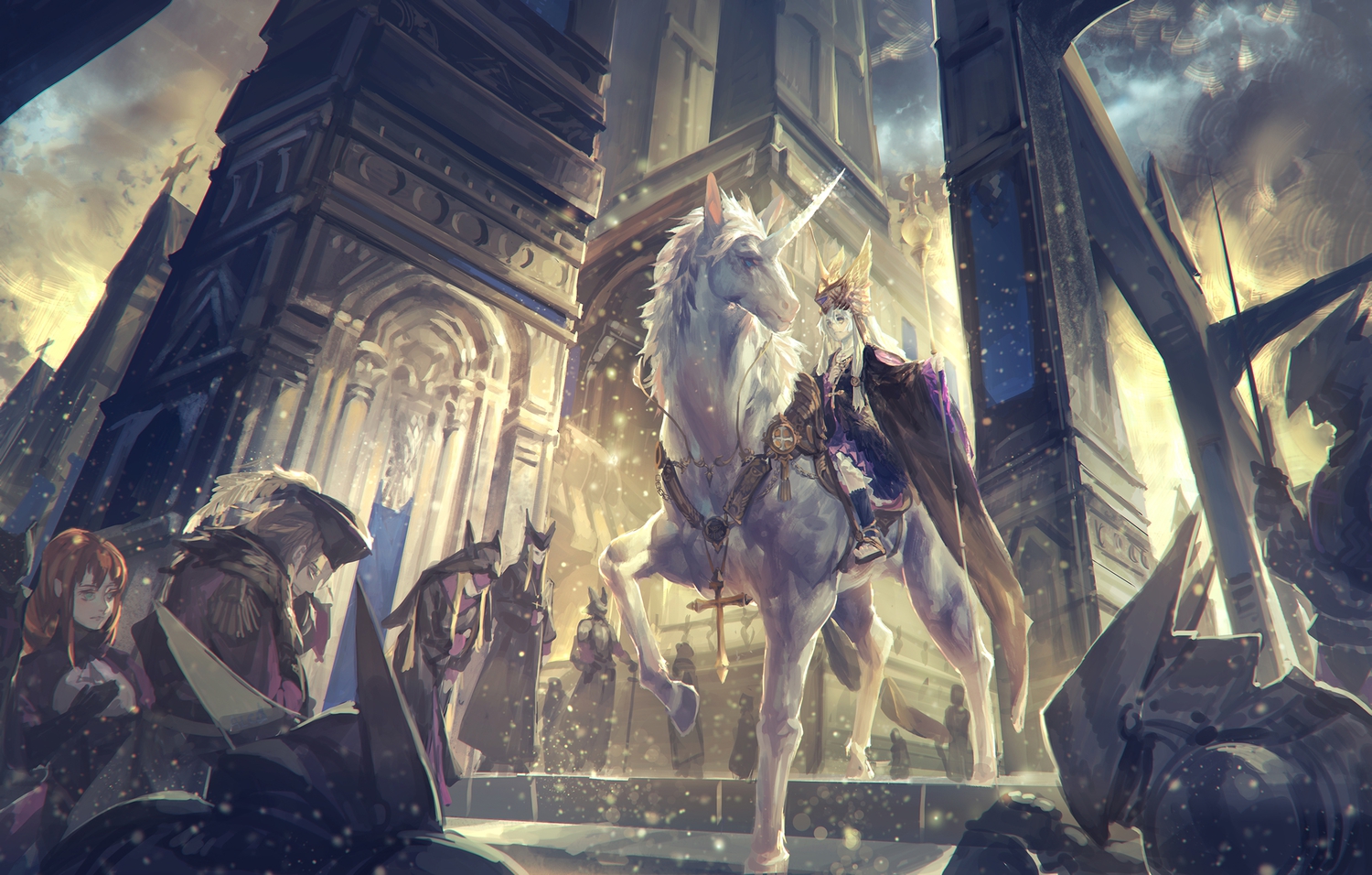 alcd, animal, armor, blonde_hair, brown_hair, building, cross, hat