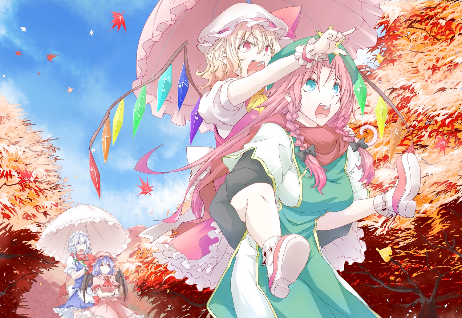 flandre_scarlet, group, hat, hong_meiling, izayoi_sakuya, kinsenka, maid, remilia_scarlet, touhou, tree, umbrella, vampire, wings