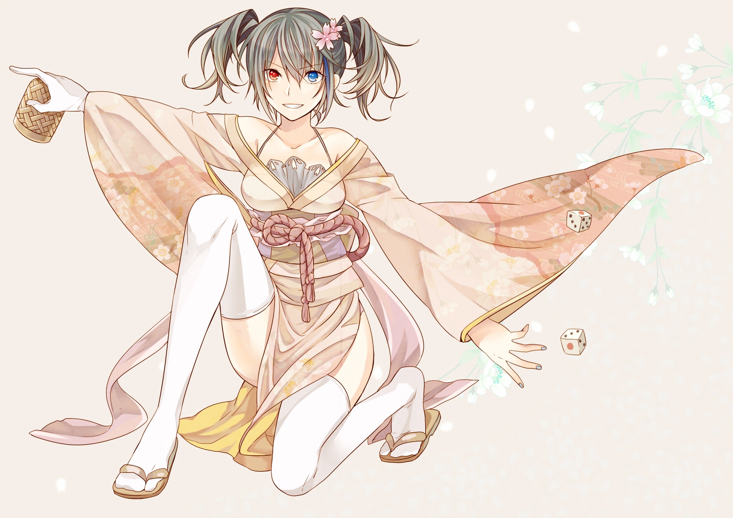 bicolored_eyes, black_hair, japanese_clothes, thighhighs, toudou_charo, twintails, utau, yokune_ruko