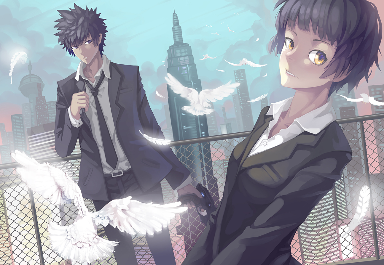 animal, bird, black_hair, feathers, gun, kougami_shinya, madyy, male