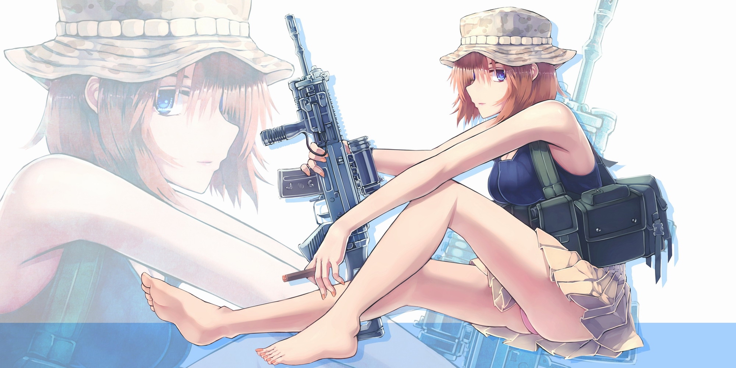 aoki_(miharuu), barefoot, blue_eyes, call_of_duty, genderswap, gun, hat, orange_hair