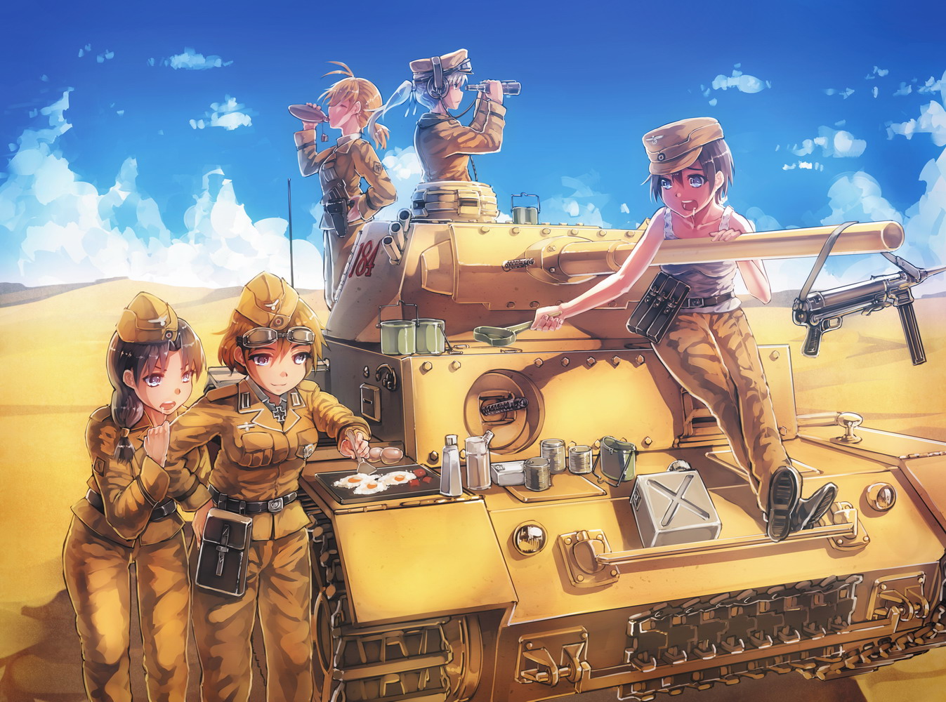 aoki_(miharuu), black_hair, blonde_hair, blue_eyes, brown_hair, clouds, combat_vehicle, desert, drink, food, goggles, group, gun, hat, military, original, ponytail, purple_eyes, uniform, weapon