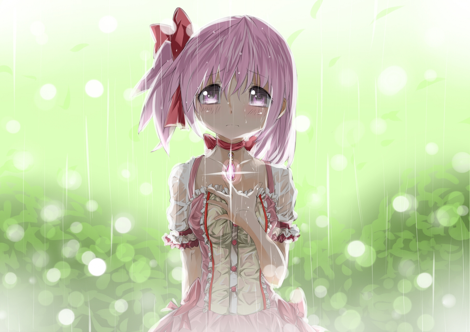blush, crying, kaname_madoka, mahou_shoujo_madoka_magica, pink_eyes, pink_hair, rain, ribbons