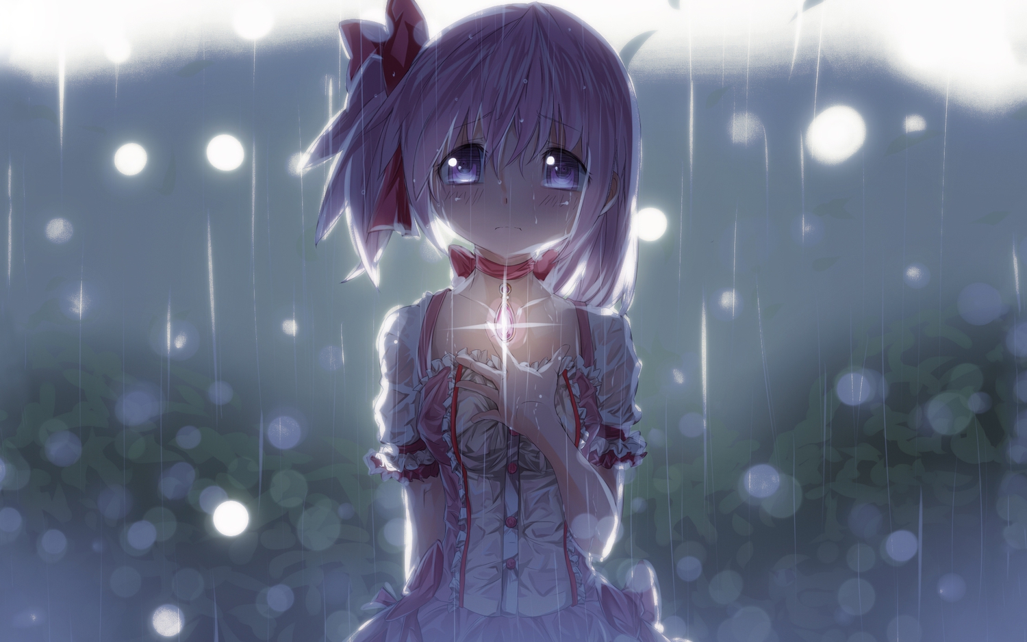 blush, crying, kaname_madoka, mahou_shoujo_madoka_magica, pink_eyes, pink_hair, rain, ribbons, s040784, school_uniform, tears, third-party_edit, water