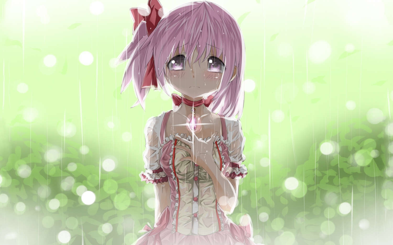 blush, crying, kaname_madoka, mahou_shoujo_madoka_magica, pink_eyes, pink_hair, rain, ribbons, s040784, school_uniform, tears, third-party_edit, water