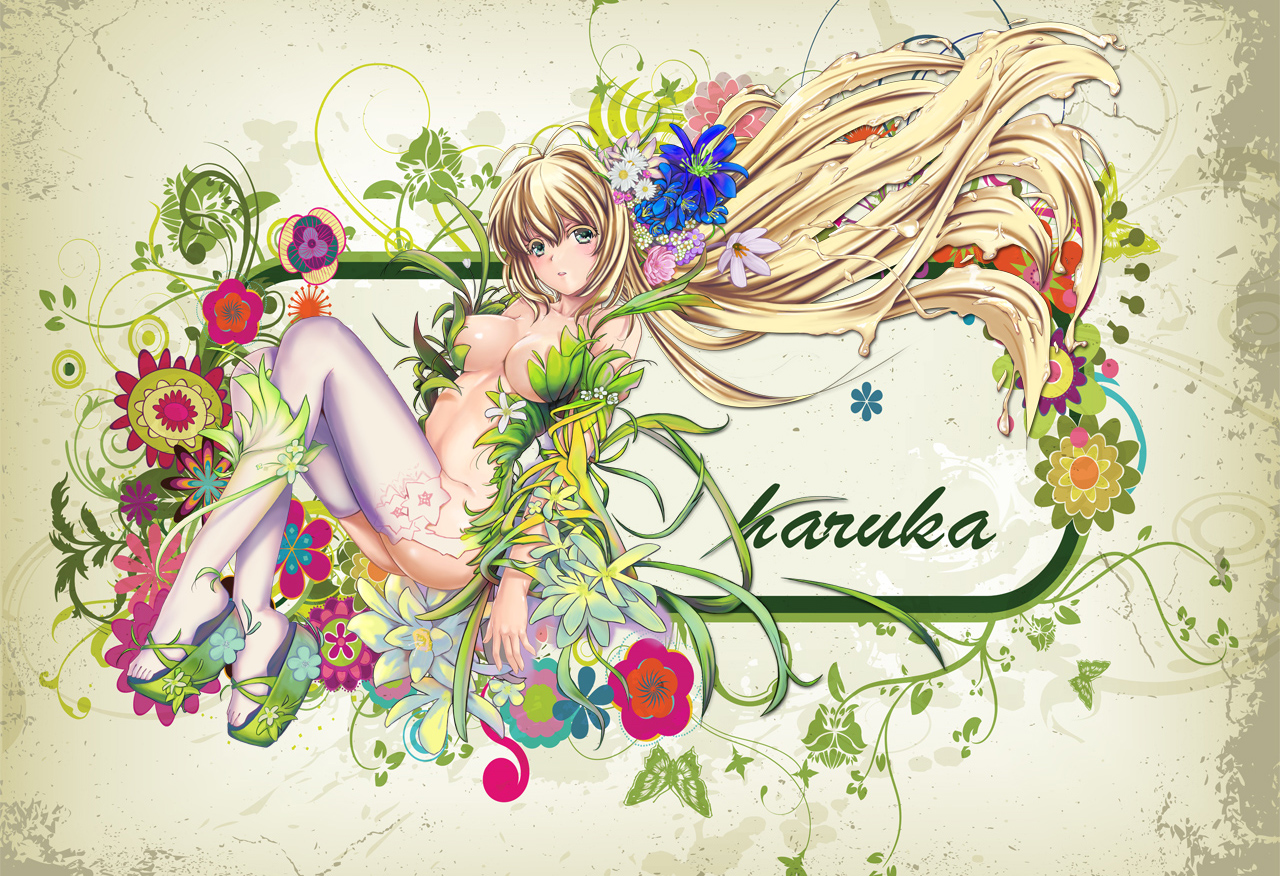 blonde_hair, breasts, cleavage, flowers, green_eyes, kimi_ga_nozomu_eien, long_hair, only_haruka, suzumiya_haruka, thighhighs