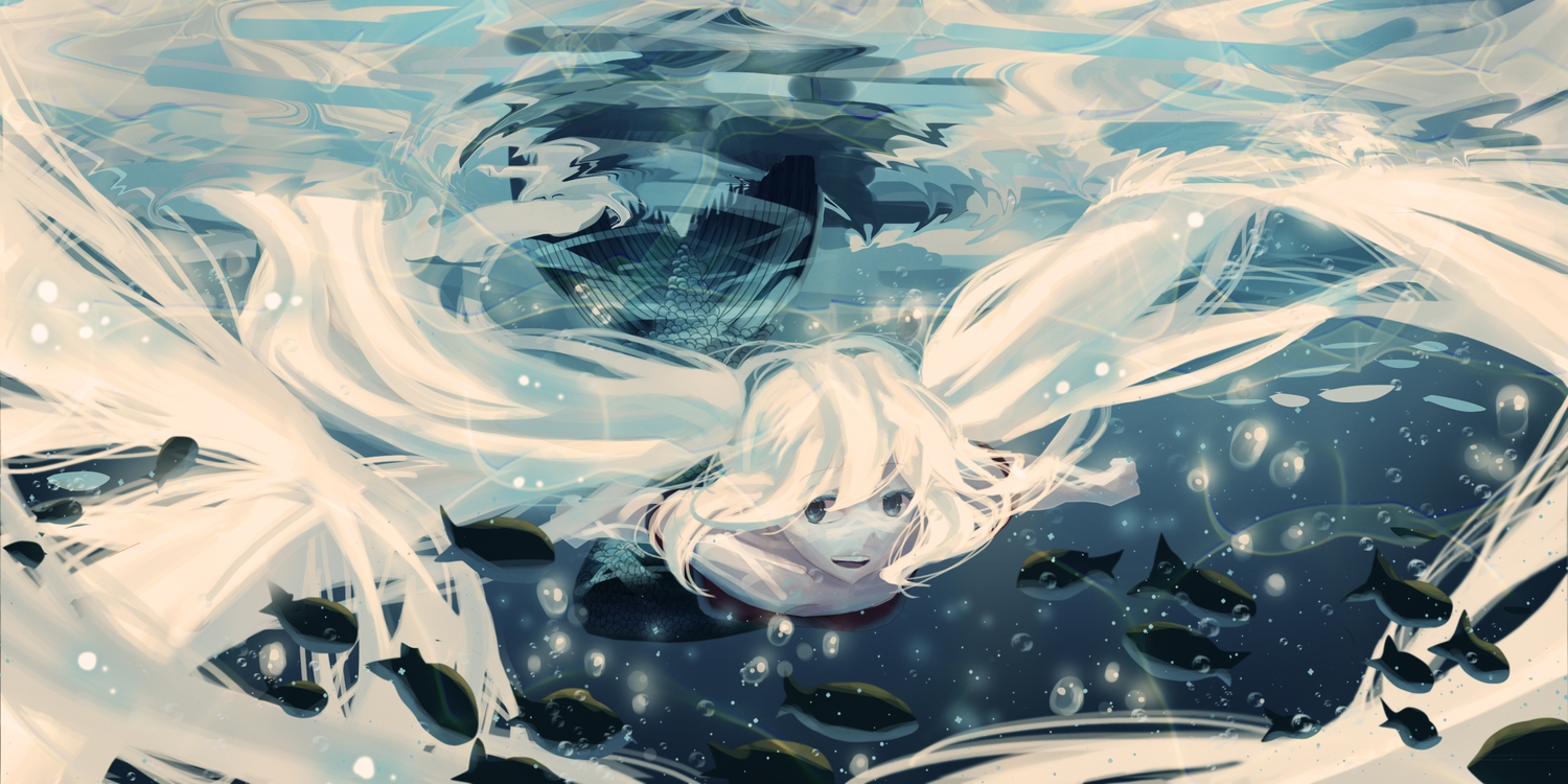 animal, blue_eyes, chouwaru_rose, fish, hatsune_miku, long_hair, mermaid, underwater, vocaloid, water, white_hair