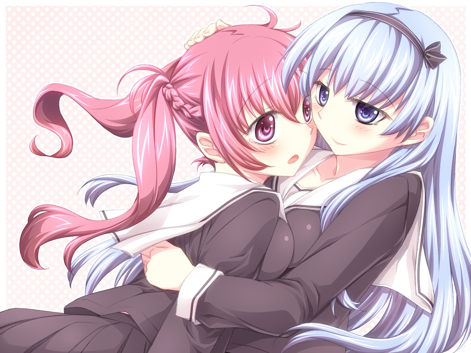 2girls, alfred, blue_eyes, blue_hair, blush, original, pink_eyes, pink_hair, shoujo_ai
