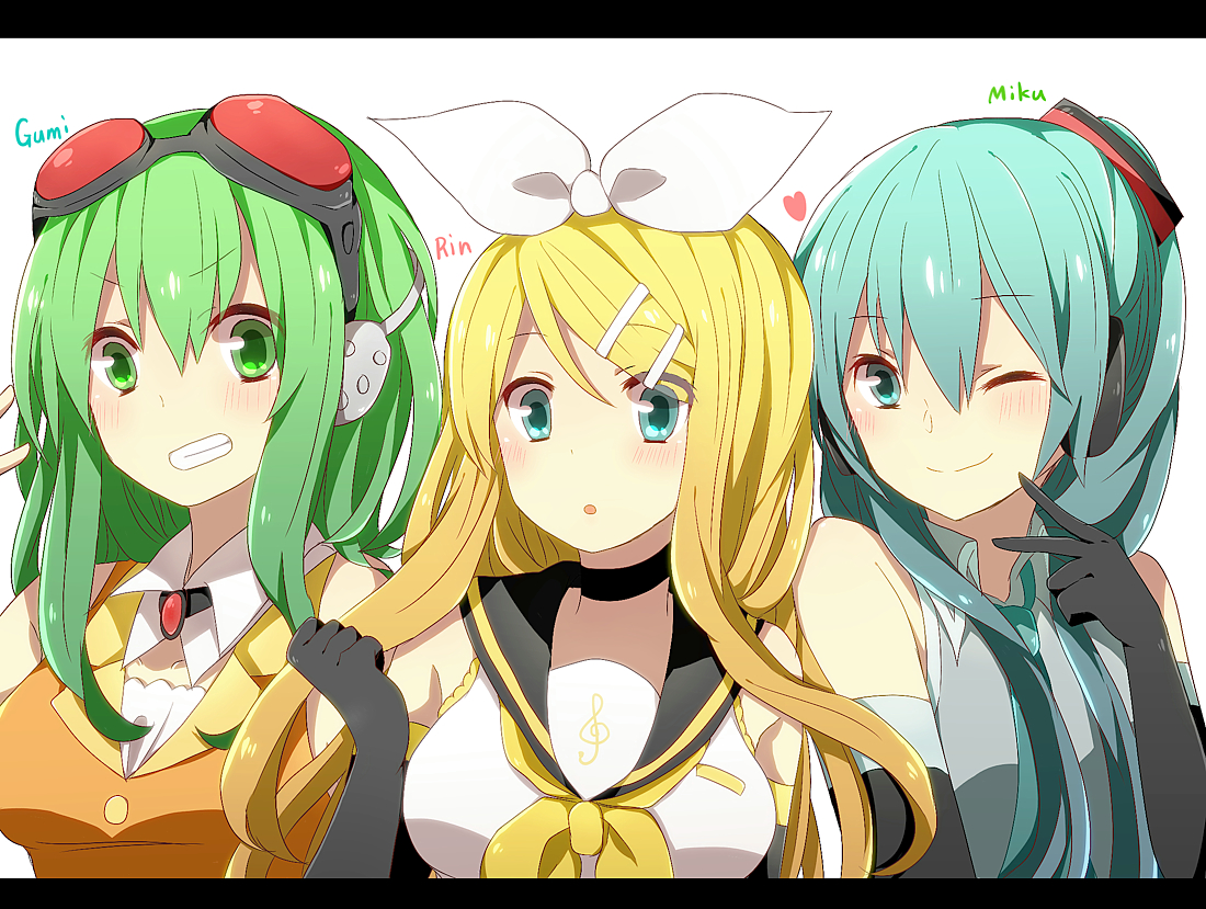 blonde_hair, blue_eyes, blue_hair, blush, bow, elbow_gloves, gloves, goggles, green_eyes, green_hair, gumi, harusawa, hatsune_miku, kagamine_rin, long_hair, vocaloid, wink